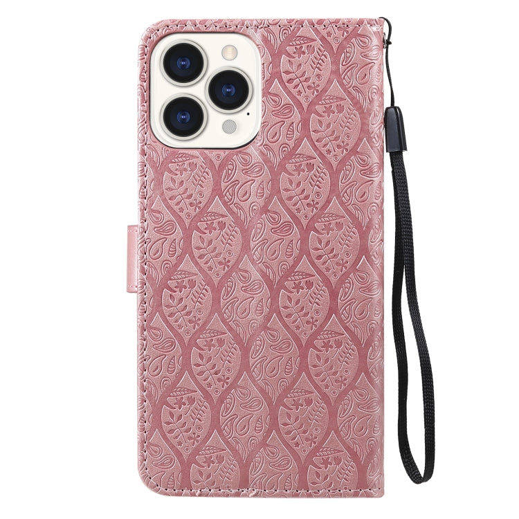 For iPhone 13 Pro Pressed Printing Rattan Flower Pattern Horizontal Flip PU Leather Case with Holder & Card Slots & Wallet & Photo Frame