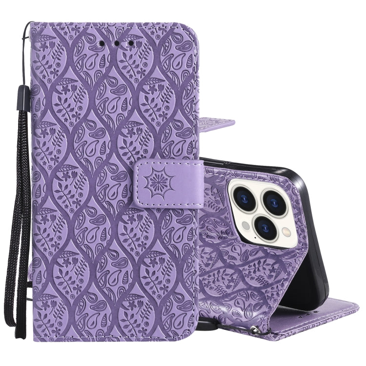 For iPhone 13 Pro Pressed Printing Rattan Flower Pattern Horizontal Flip PU Leather Case with Holder & Card Slots & Wallet & Photo Frame