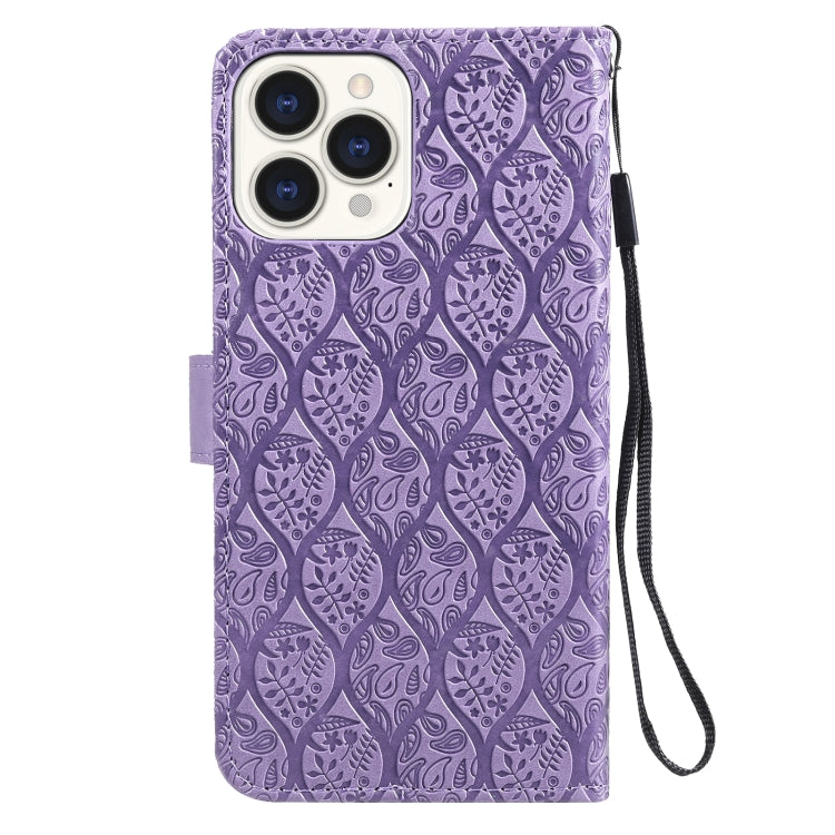For iPhone 13 Pro Pressed Printing Rattan Flower Pattern Horizontal Flip PU Leather Case with Holder & Card Slots & Wallet & Photo Frame