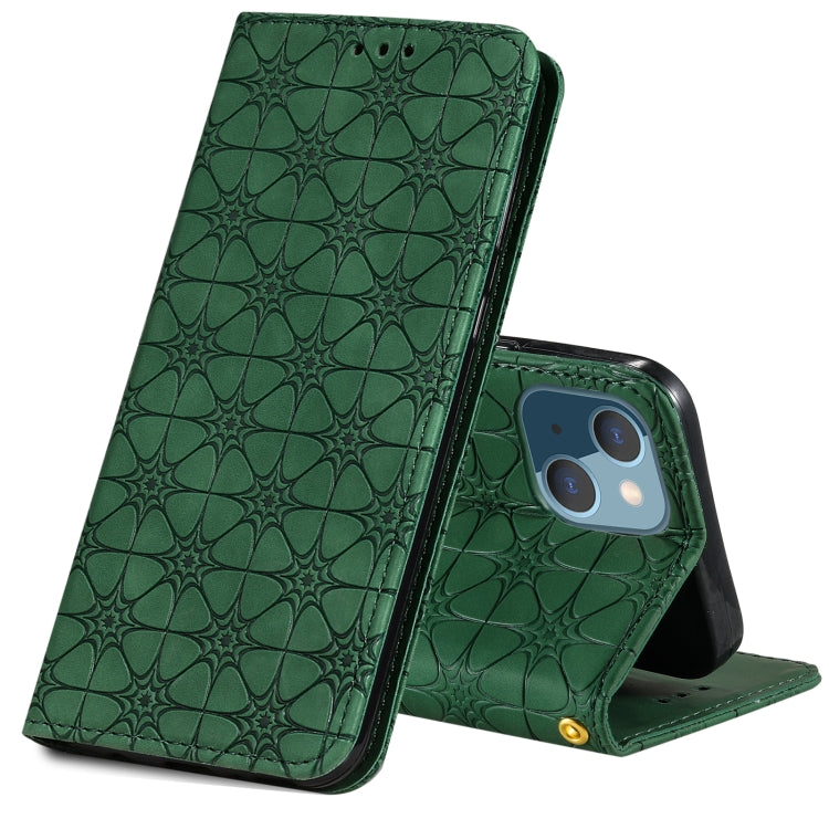 For iPhone 13 mini Lucky Flowers Embossing Pattern Magnetic Horizontal Flip Leather Case with Holder & Card Slots