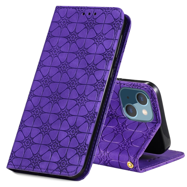 For iPhone 13 mini Lucky Flowers Embossing Pattern Magnetic Horizontal Flip Leather Case with Holder & Card Slots