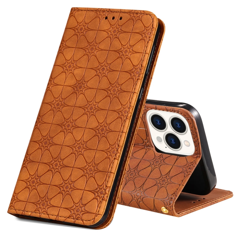 For iPhone 13 Pro Max Lucky Flowers Embossing Pattern Magnetic Horizontal Flip Leather Case with Holder & Card Slots