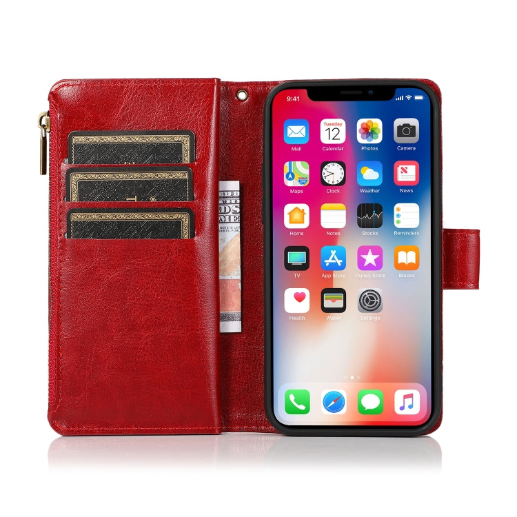 For iPhone 13 mini Multifunctional Crazy Horse Texture Horizontal Flip Leather Case with 9 Card Slot & Holder & Zipper Wallet & Lanyard