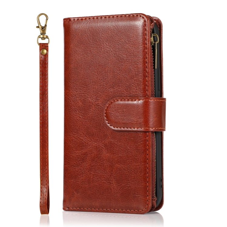For iPhone 13 mini Multifunctional Crazy Horse Texture Horizontal Flip Leather Case with 9 Card Slot & Holder & Zipper Wallet & Lanyard