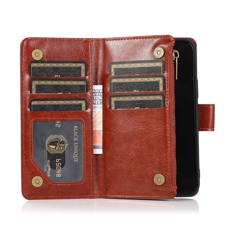 For iPhone 13 mini Multifunctional Crazy Horse Texture Horizontal Flip Leather Case with 9 Card Slot & Holder & Zipper Wallet & Lanyard