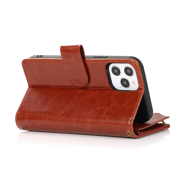For iPhone 13 mini Multifunctional Crazy Horse Texture Horizontal Flip Leather Case with 9 Card Slot & Holder & Zipper Wallet & Lanyard