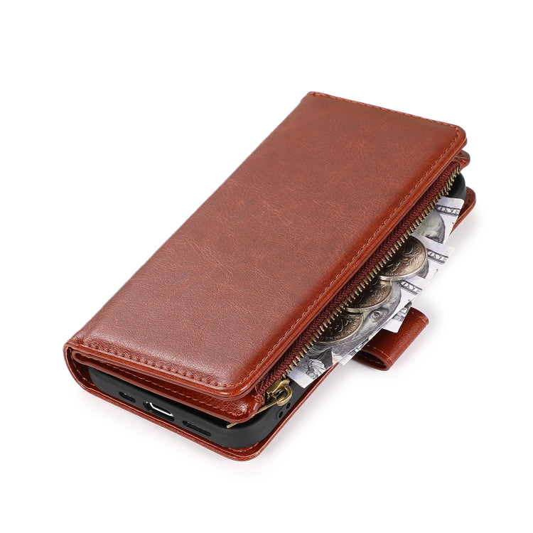 For iPhone 13 mini Multifunctional Crazy Horse Texture Horizontal Flip Leather Case with 9 Card Slot & Holder & Zipper Wallet & Lanyard