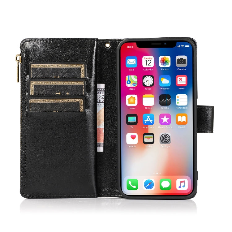 For iPhone 13 mini Multifunctional Crazy Horse Texture Horizontal Flip Leather Case with 9 Card Slot & Holder & Zipper Wallet & Lanyard