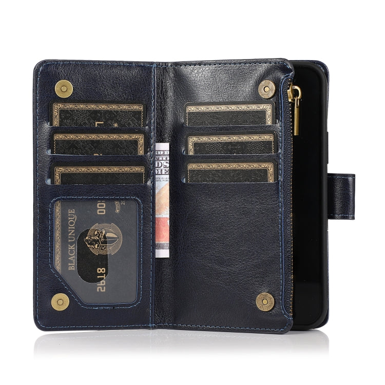 For iPhone 13 mini Multifunctional Crazy Horse Texture Horizontal Flip Leather Case with 9 Card Slot & Holder & Zipper Wallet & Lanyard