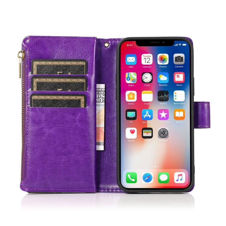 For iPhone 13 mini Multifunctional Crazy Horse Texture Horizontal Flip Leather Case with 9 Card Slot & Holder & Zipper Wallet & Lanyard
