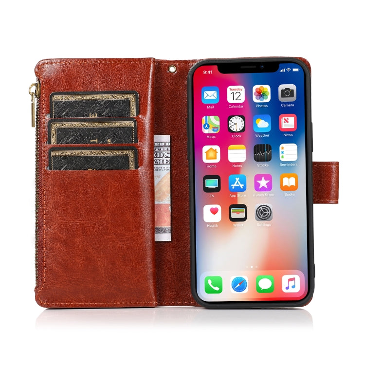 For iPhone 13 Multifunctional Crazy Horse Texture Horizontal Flip Leather Case with 9 Card Slot & Holder & Zipper Wallet & Lanyard