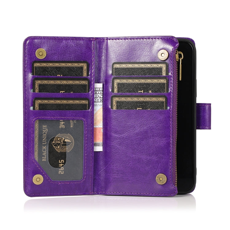 For iPhone 13 Multifunctional Crazy Horse Texture Horizontal Flip Leather Case with 9 Card Slot & Holder & Zipper Wallet & Lanyard