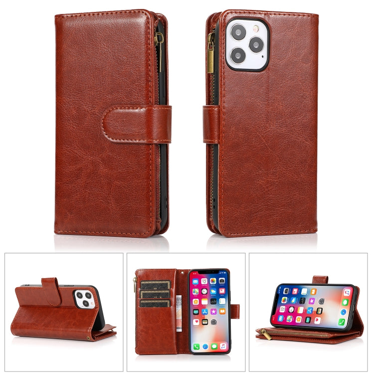 For iPhone 13 Pro Multifunctional Crazy Horse Texture Horizontal Flip Leather Case with 9 Card Slot & Holder & Zipper Wallet & Lanyard