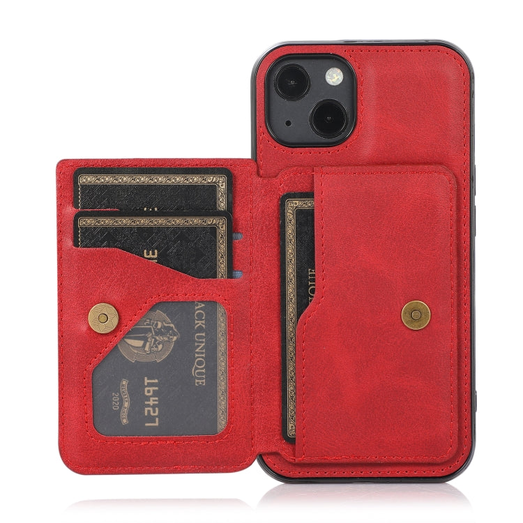For iPhone 13 Calf Texture Magnetic Card Bag PU Shockproof Case with Holder & Card Slot