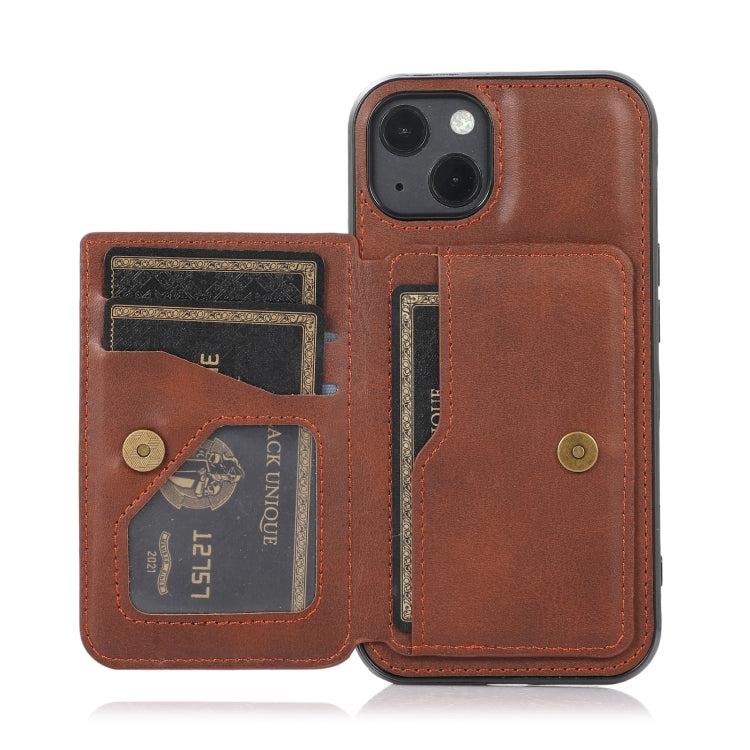 For iPhone 13 Calf Texture Magnetic Card Bag PU Shockproof Case with Holder & Card Slot
