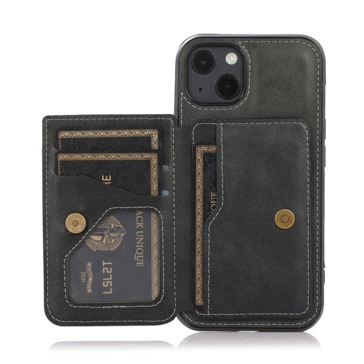 For iPhone 13 Calf Texture Magnetic Card Bag PU Shockproof Case with Holder & Card Slot