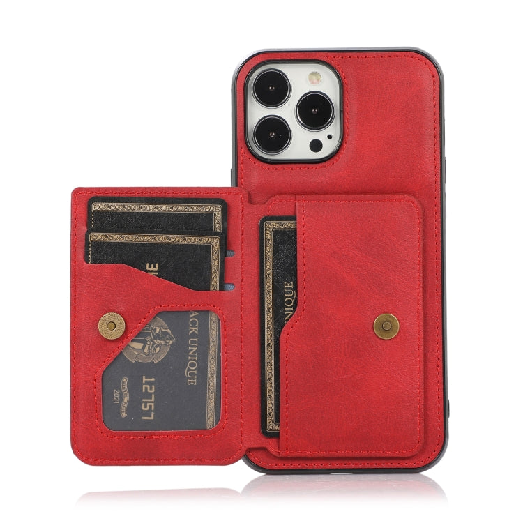 For iPhone 13 Pro Max Calf Texture Magnetic Card Bag PU Shockproof Case with Holder & Card Slot