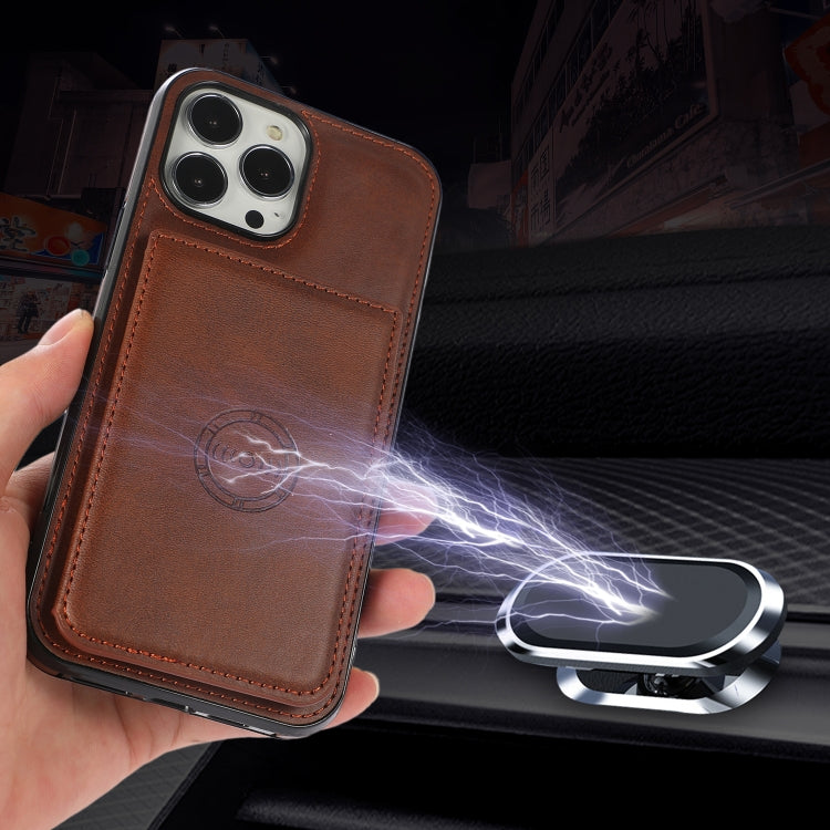 For iPhone 13 Pro Max Calf Texture Magnetic Card Bag PU Shockproof Case with Holder & Card Slot