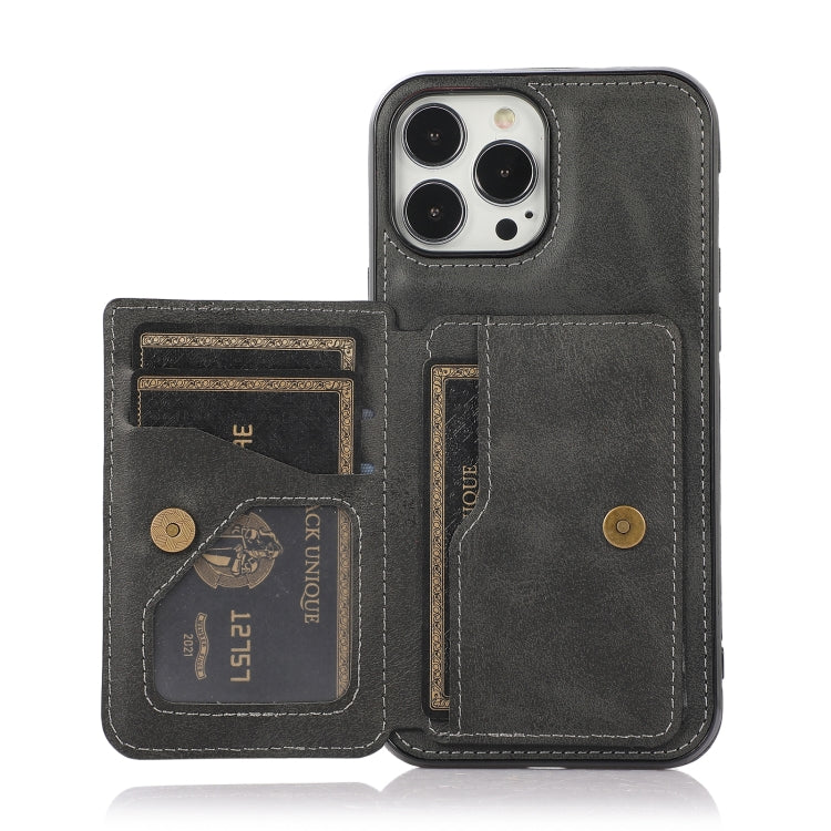 For iPhone 13 Pro Max Calf Texture Magnetic Card Bag PU Shockproof Case with Holder & Card Slot