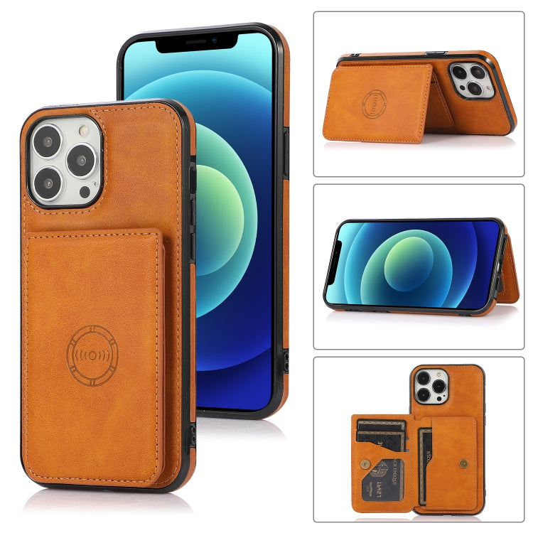 For iPhone 13 Pro Max Calf Texture Magnetic Card Bag PU Shockproof Case with Holder & Card Slot