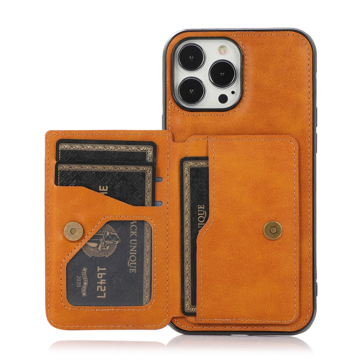 For iPhone 13 Pro Max Calf Texture Magnetic Card Bag PU Shockproof Case with Holder & Card Slot