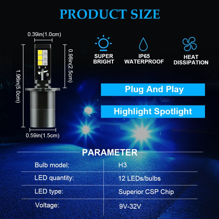 2 PCS EV14 H3 DC9-32V / 3000LM / 30W / 8000K+3000K IP65 Car LED Double Color Fog Light with 12LEDs CSP Lamp Beads(Ice Blue Light + Amber Light)