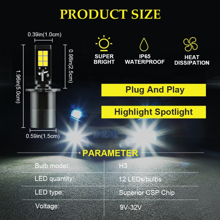 2 PCS EV15 H3 DC9-32V / 3000LM / 30W / 6000K+3000K IP65 Car LED Double Color Fog Light with 12LEDs CSP Lamp Beads(White Light + Amber Light)