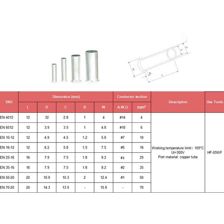 A4088 240 PCS Tube-shaped Bare End EN Series Tinned Copper Crimp Connector