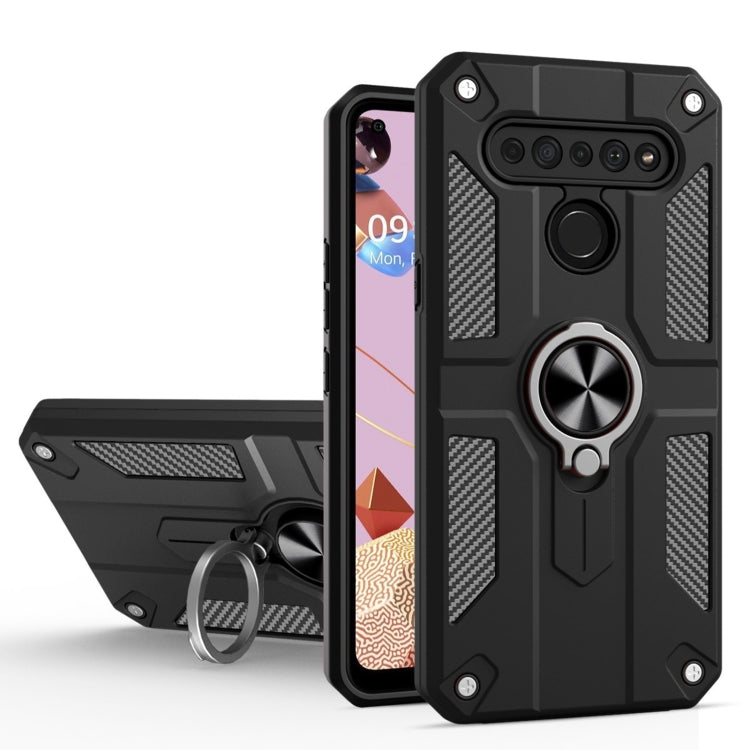 For LG K61 Carbon Fiber Pattern PC + TPU Protective Case with Ring Holder