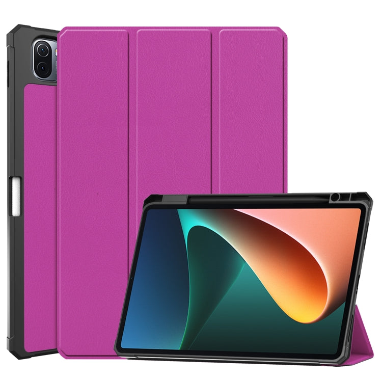For Xiaomi Pad 5 Custer Pattern Pure Color TPU Smart Tablet Holster with Sleep Function & 3-Fold Holder & Pen Slot