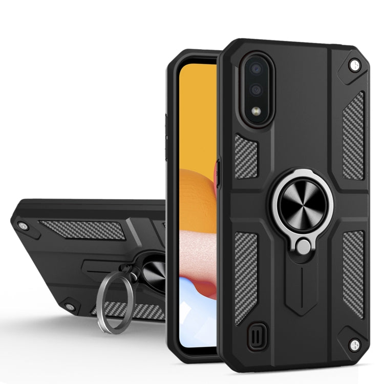 For Samsung Galaxy A01 Carbon Fiber Pattern PC + TPU Protective Case with Ring Holder