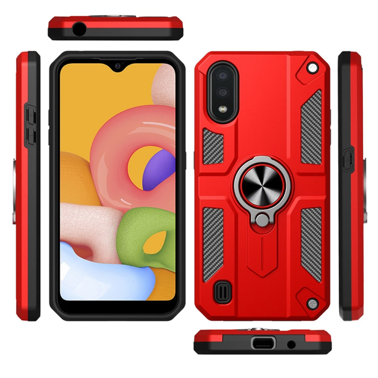 For Samsung Galaxy A01 Carbon Fiber Pattern PC + TPU Protective Case with Ring Holder