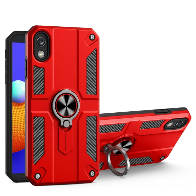 For Samsung Galaxy A01 Core Carbon Fiber Pattern PC + TPU Protective Case with Ring Holder