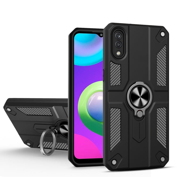 For Samsung Galaxy M02 Carbon Fiber Pattern PC + TPU Protective Case with Ring Holder