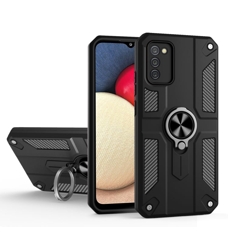 For Samsung Galaxy A02s Carbon Fiber Pattern PC + TPU Protective Case with Ring Holder