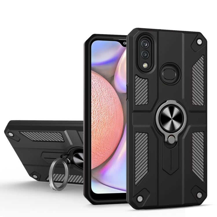 For Samsung Galaxy A10s Carbon Fiber Pattern PC + TPU Protective Case with Ring Holder