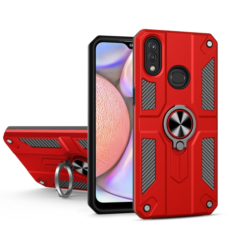 For Samsung Galaxy A10s Carbon Fiber Pattern PC + TPU Protective Case with Ring Holder