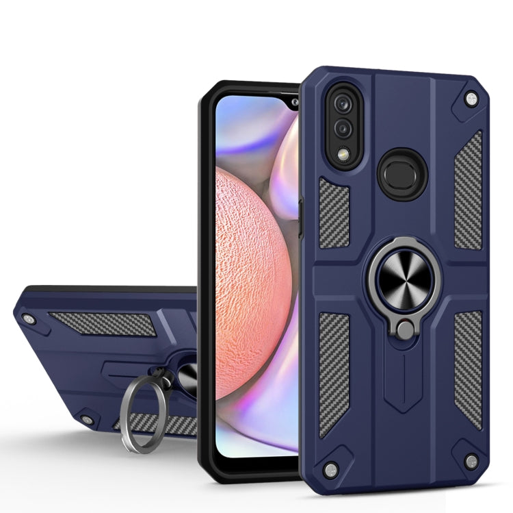 For Samsung Galaxy A10s Carbon Fiber Pattern PC + TPU Protective Case with Ring Holder