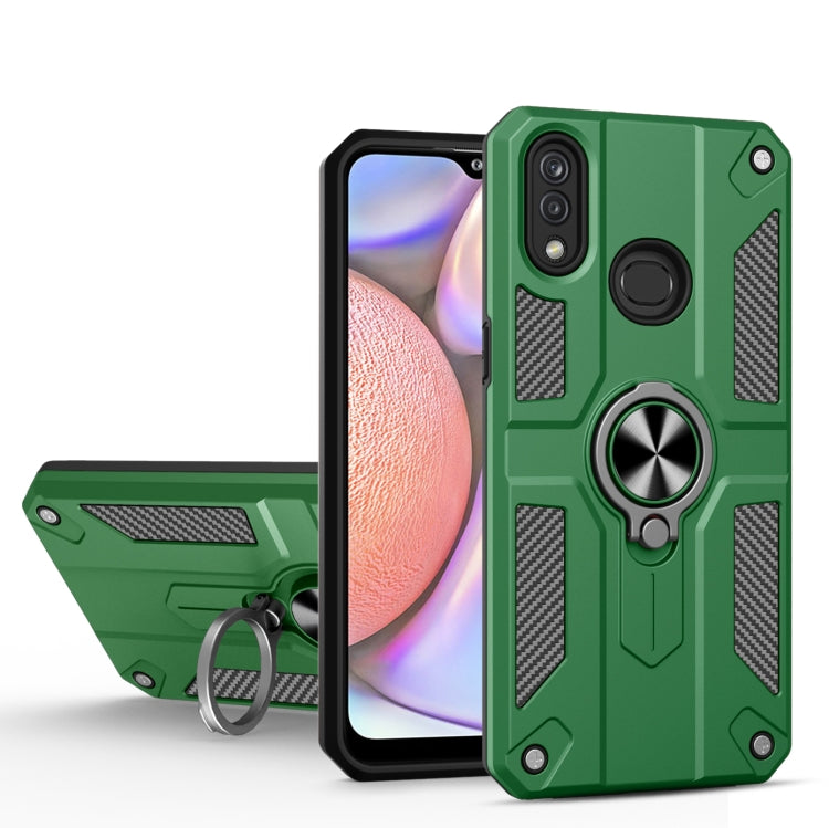 For Samsung Galaxy A10s Carbon Fiber Pattern PC + TPU Protective Case with Ring Holder