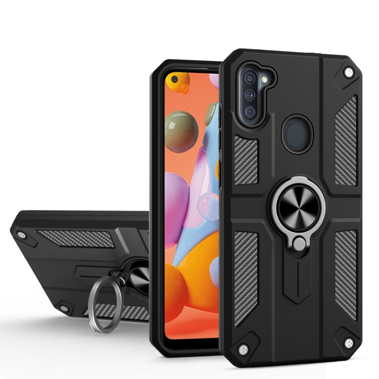 For Samsung Galaxy A11 Carbon Fiber Pattern PC + TPU Protective Case with Ring Holder
