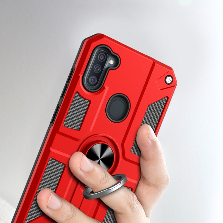 For Samsung Galaxy A11 Carbon Fiber Pattern PC + TPU Protective Case with Ring Holder