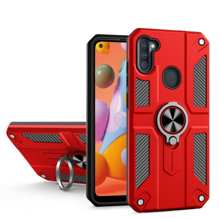 For Samsung Galaxy A11 Carbon Fiber Pattern PC + TPU Protective Case with Ring Holder