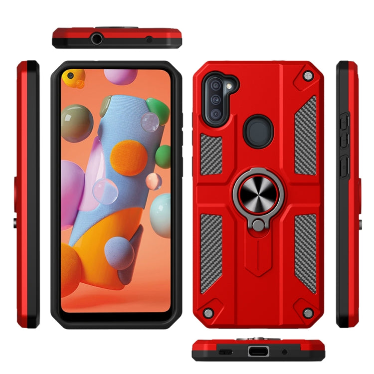 For Samsung Galaxy A11 Carbon Fiber Pattern PC + TPU Protective Case with Ring Holder