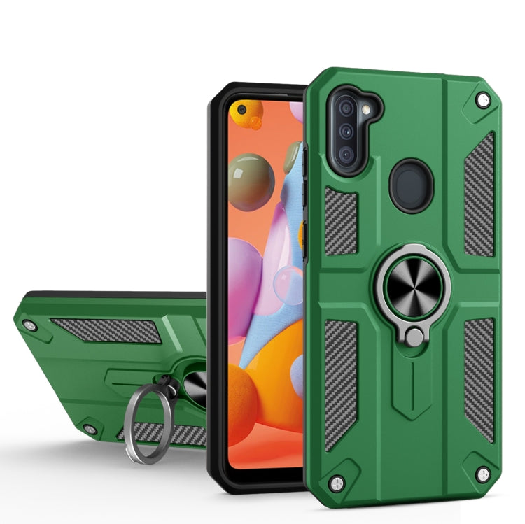 For Samsung Galaxy A11 Carbon Fiber Pattern PC + TPU Protective Case with Ring Holder