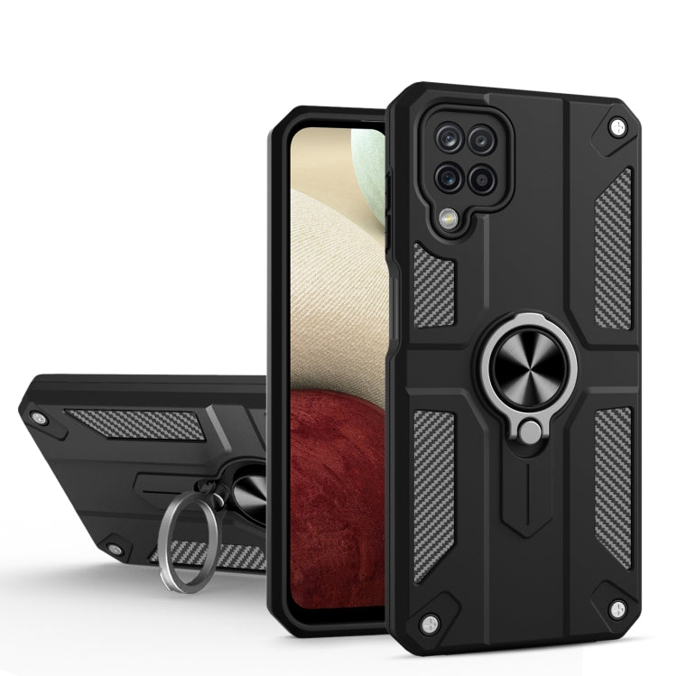 For Samsung Galaxy A12 Carbon Fiber Pattern PC + TPU Protective Case with Ring Holder