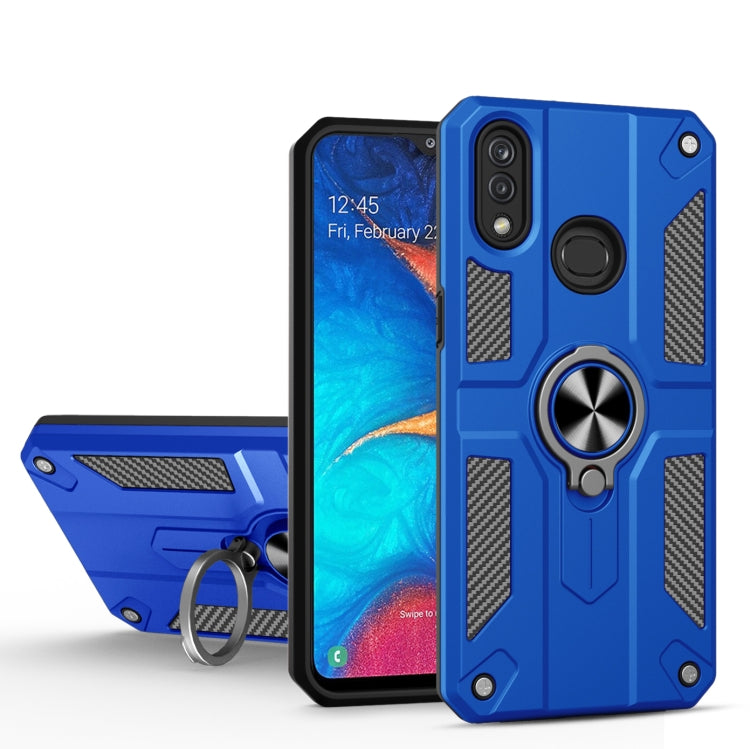 For Samsung Galaxy A20 Carbon Fiber Pattern PC + TPU Protective Case with Ring Holder