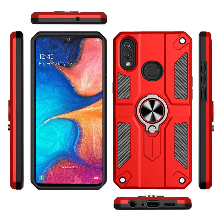 For Samsung Galaxy A20 Carbon Fiber Pattern PC + TPU Protective Case with Ring Holder