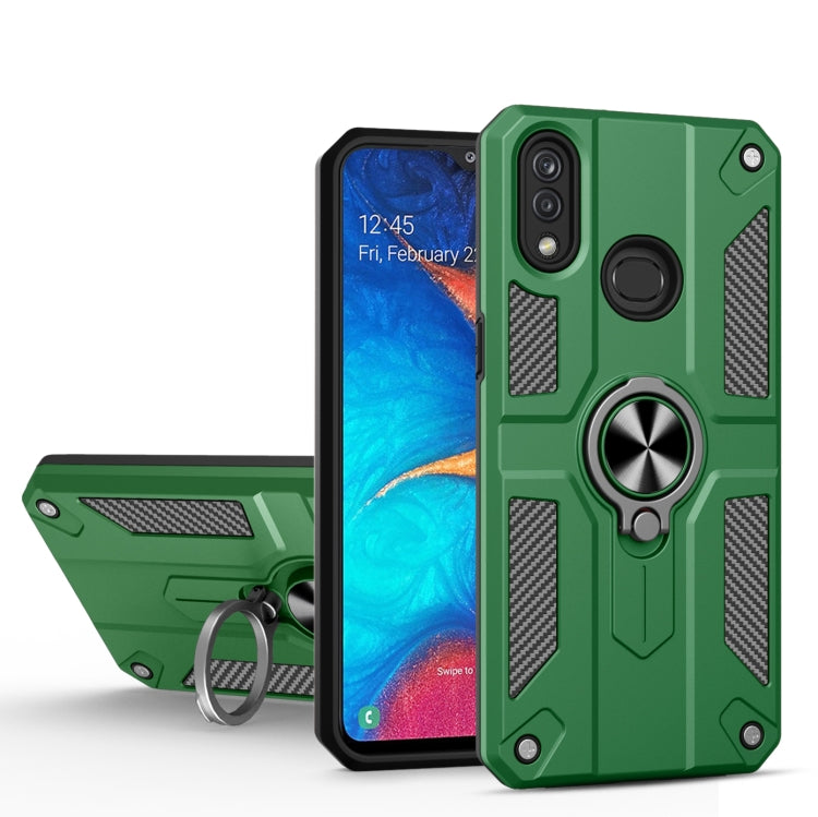 For Samsung Galaxy A20 Carbon Fiber Pattern PC + TPU Protective Case with Ring Holder