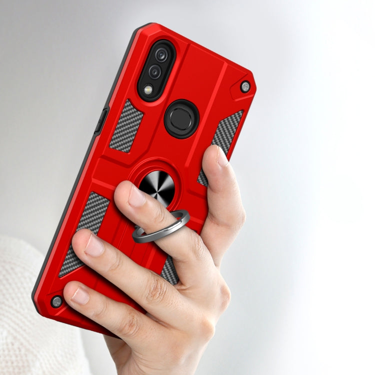 For Samsung Galaxy A20 Carbon Fiber Pattern PC + TPU Protective Case with Ring Holder
