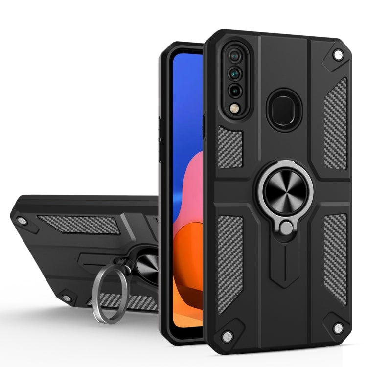 For Samsung Galaxy A20s Carbon Fiber Pattern PC + TPU Protective Case with Ring Holder